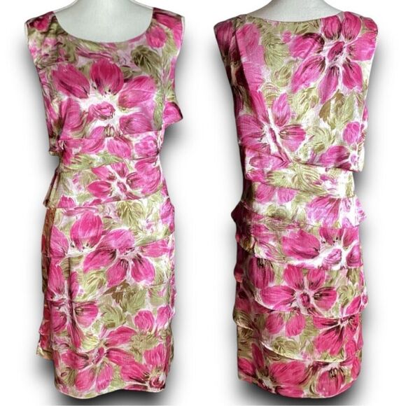 Connected Strapless Hot Pink Fuchsia Floral Tiered Ruffle Layered Cocktail Dress - Picture 1 of 13